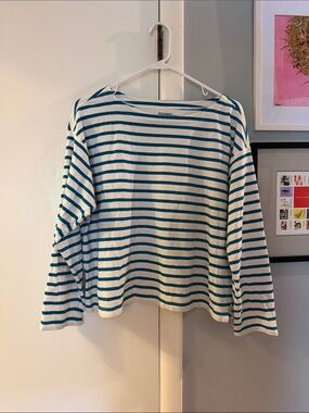 Old Navy Teal and White Striped Long-Sleeve Boatneck Tee